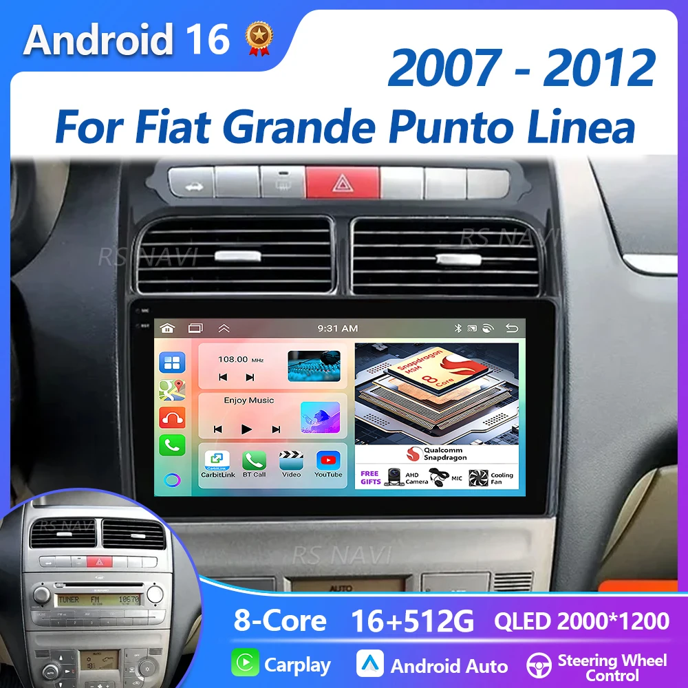 Radio para Auto con Pantalla QLED 2K Qualcomm, Android 16 Carplay, Plug and Play, para Fiat Grande Punto Linea 2007 - 2012, Estéreo