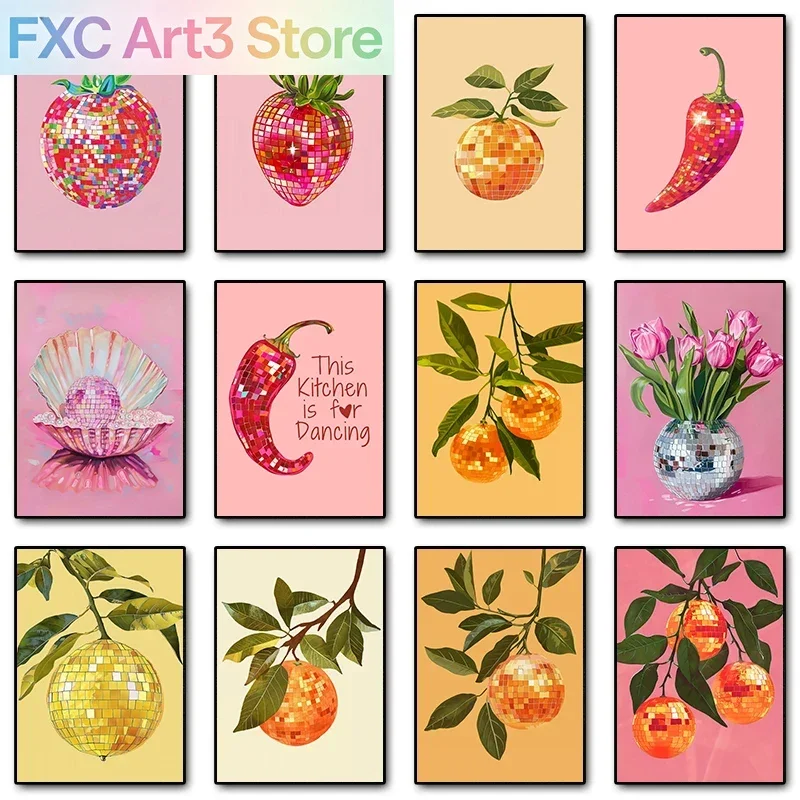 Frameless,Retro Trendy Fruit Disco Ball Orange Mirrorball Creative Poster Canvas Paintings Wall Art Prints Bar Kitchen Home Room