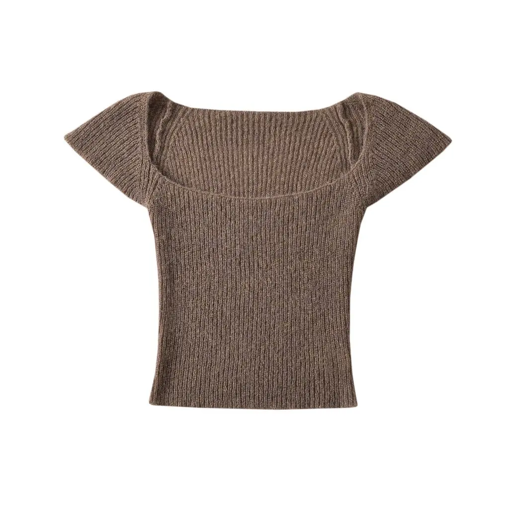 

Women's Sexy Slim Fit Knitted Top with Large Square Collar And Small Flying Sleeves Flattering Leak Collarbone Short T-Shirt