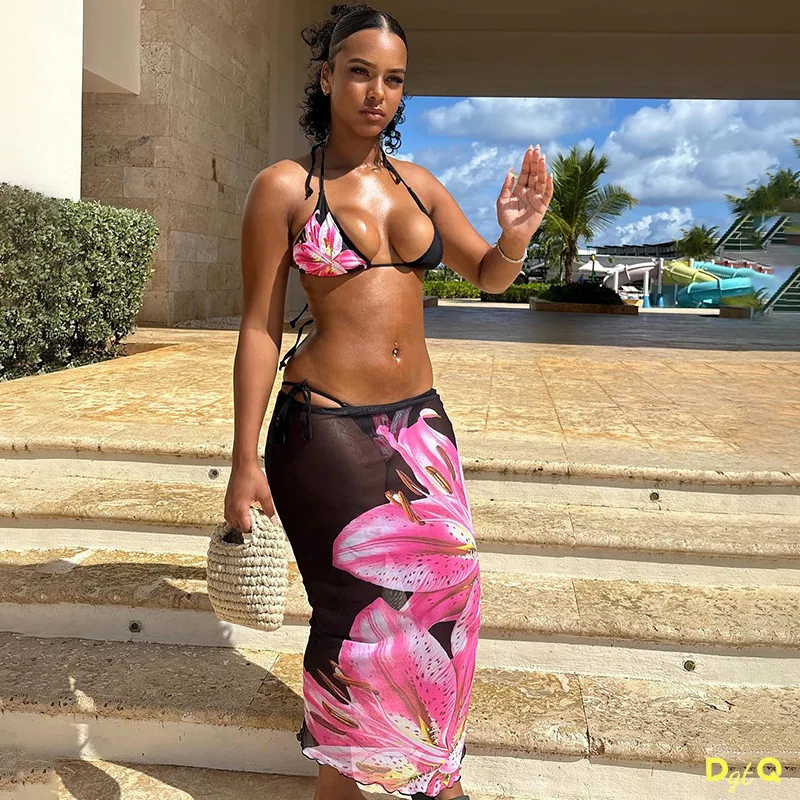 3 ชิ้นเซ็กซี่ดอกไม้สีฟ้าบิกินี่ชุดว่ายน้ําสตรีเซ็กซี่ชุดว่ายน้ําหญิงชุดบิกินี่ชุดว่ายน้ําชุดว่ายน้ํา Beachwear Biquini