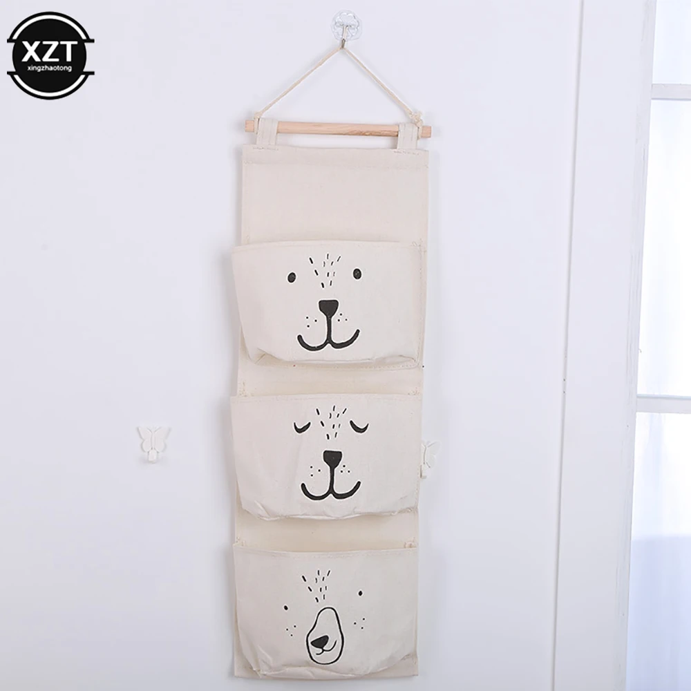 3 Pockets Wall Mounted Cotton Storage Bag Closet Cute Organizer Clothes Waterproof Sundries Bags Children Room Pouch Home Deco