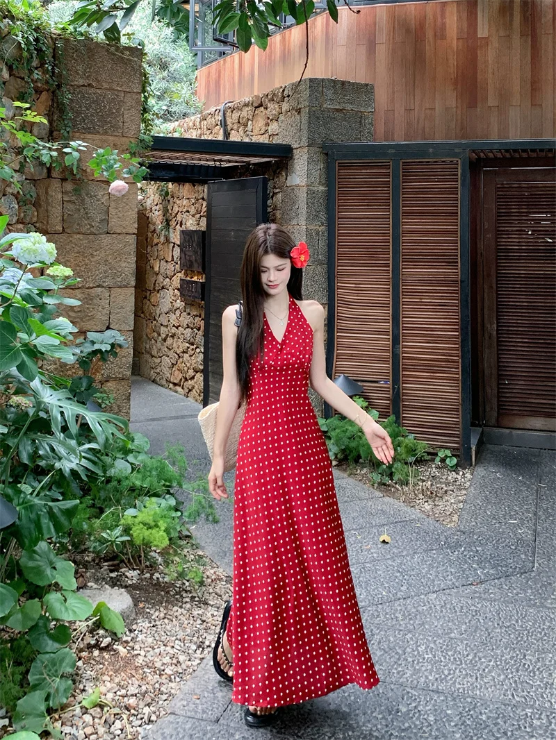 

Red Polka Dot Vintage Neck Hanging Dress Women's Summer Belt Slim A-Line Skirt French Style No Brand Casual Daily Wear