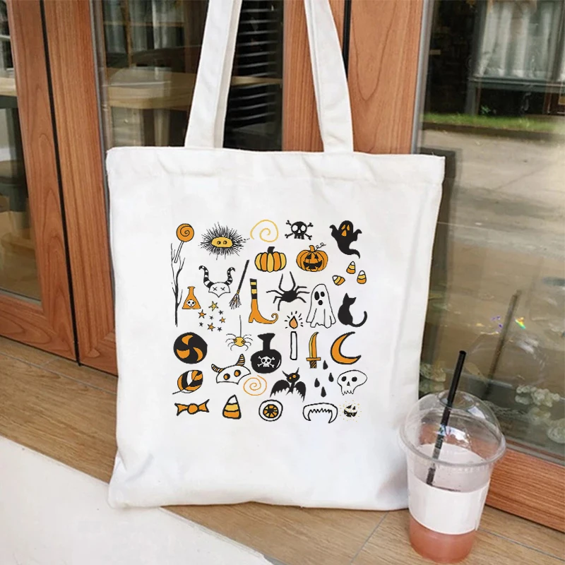 Canvas Tote Bags for Women Funny Halloween Print Handbags Spooky Boo Pumpkin Graphic Reusable Foldable Shopping Shoulder Bag