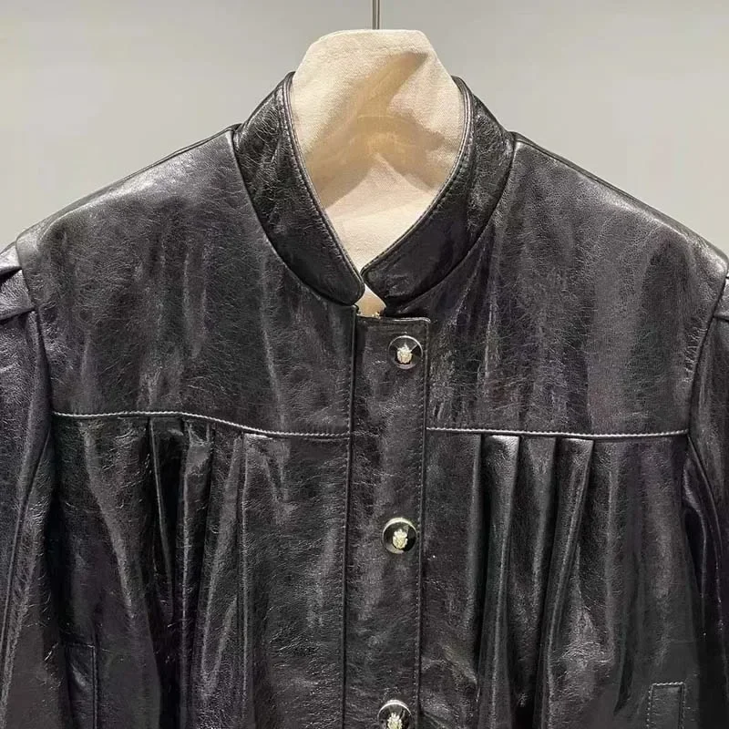 المرأة الربيع س الرقبة طوق نفخة الأكمام سترة جلدية حقيقية قصيرة طول أورورا الجلد 2025 جديد وصول معطف الموضة