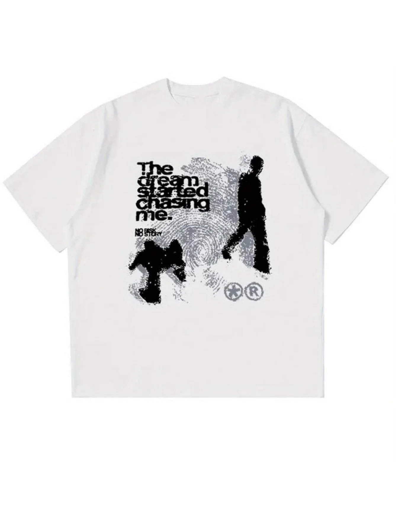Men Y2K Retro Graphic Print T‑Shirt Black‑White 90s Streetwear Tee Dream & Chase‑Dream Pattern Neck Casual Daily Short‑Sleeve