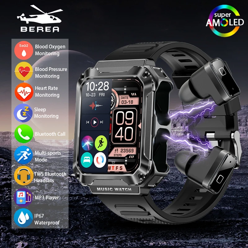 

T93 Outdoor Smart Watch with Earbuds TWS 2 in 1 Wireless BT Headphones1.96inch Screen IP67 Music Sports Smartwatch