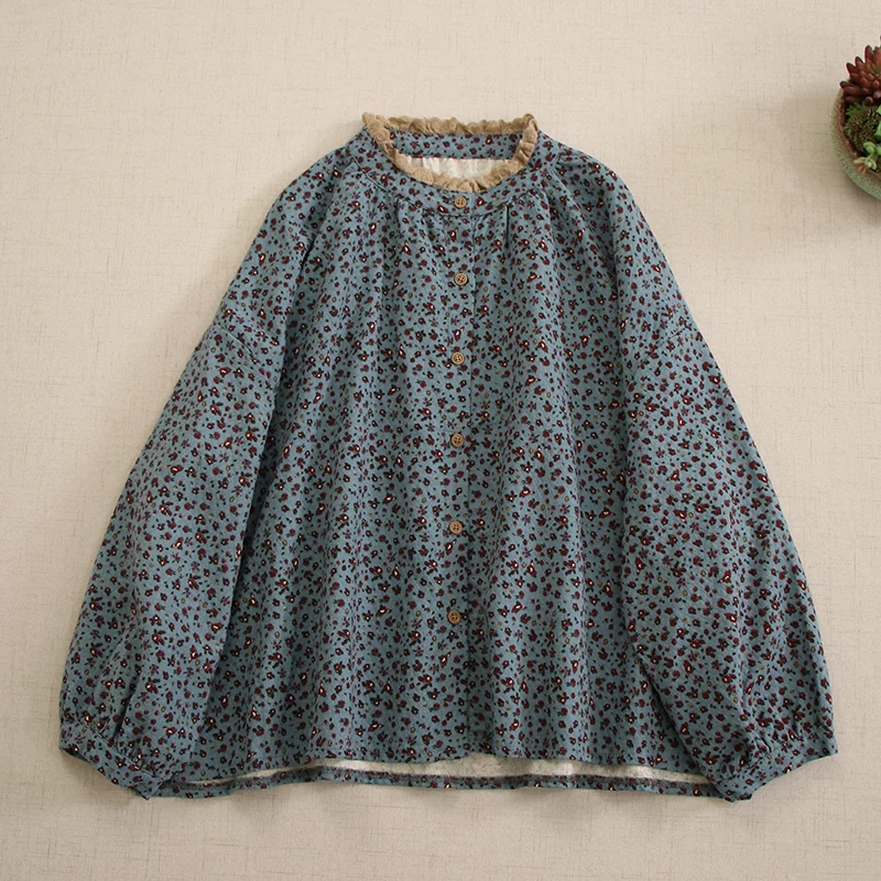 Vintage Mori Girl Floral Print Loose Cotton Shirt Women Spring Autumn Stand Collar Long Sleeve Casual Blouse Blusas Outwears