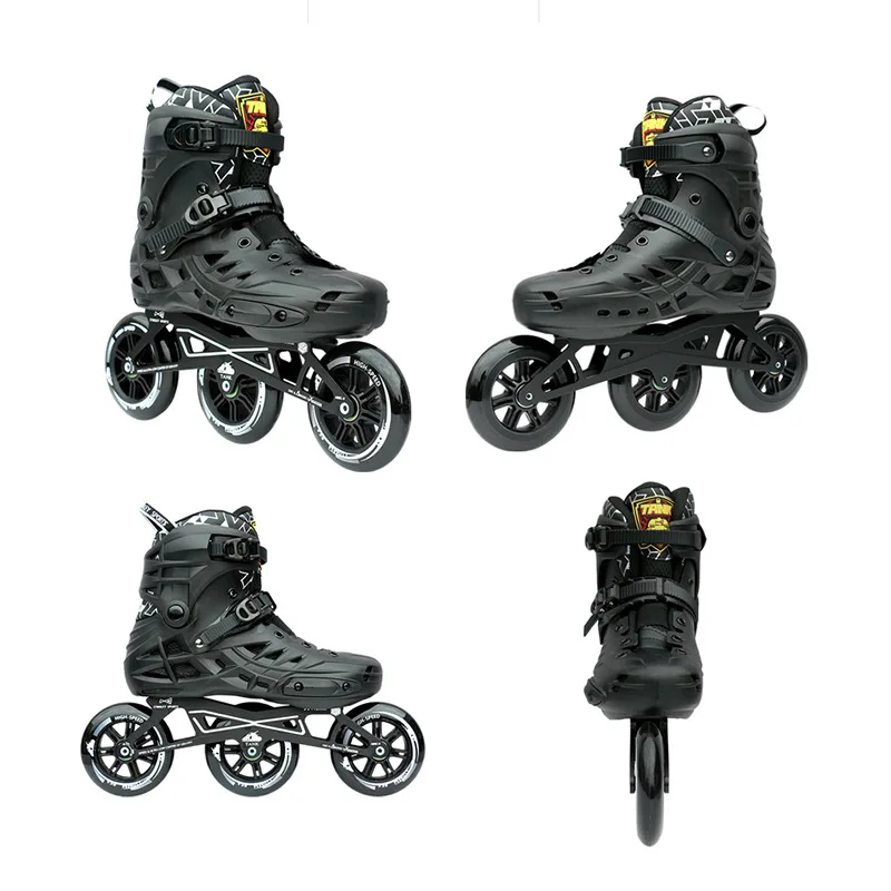 Roller Skates Large Three-Wheel Speed Single Row Inline Skates Black Adult Impact Resistant PP Shell PU Wheels