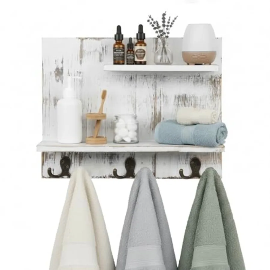 

2 Tier Wall Mounted Shabby White Washed Solid Wood Bathroom Storage Shelves, Decorative Entryway Floating Shelf Rack with 6 Hoo