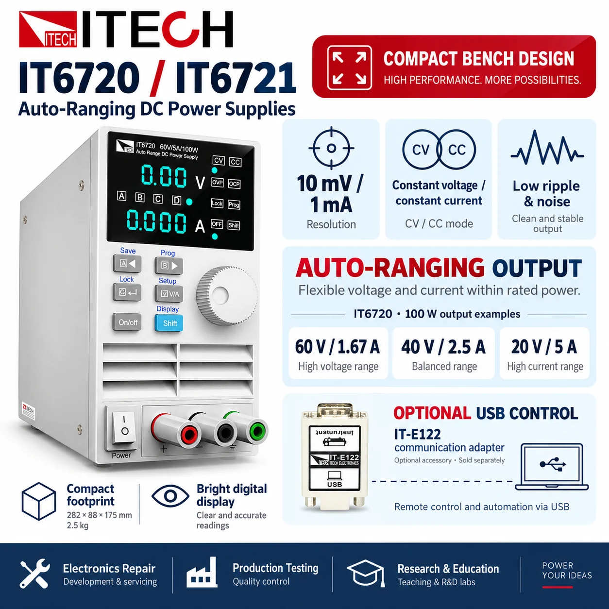 ITECH IT6720 IT6722A Programmable DC Power Supply, Auto-Ranging Adjustable Bench Power Supply for Lab Testing, CV/CC