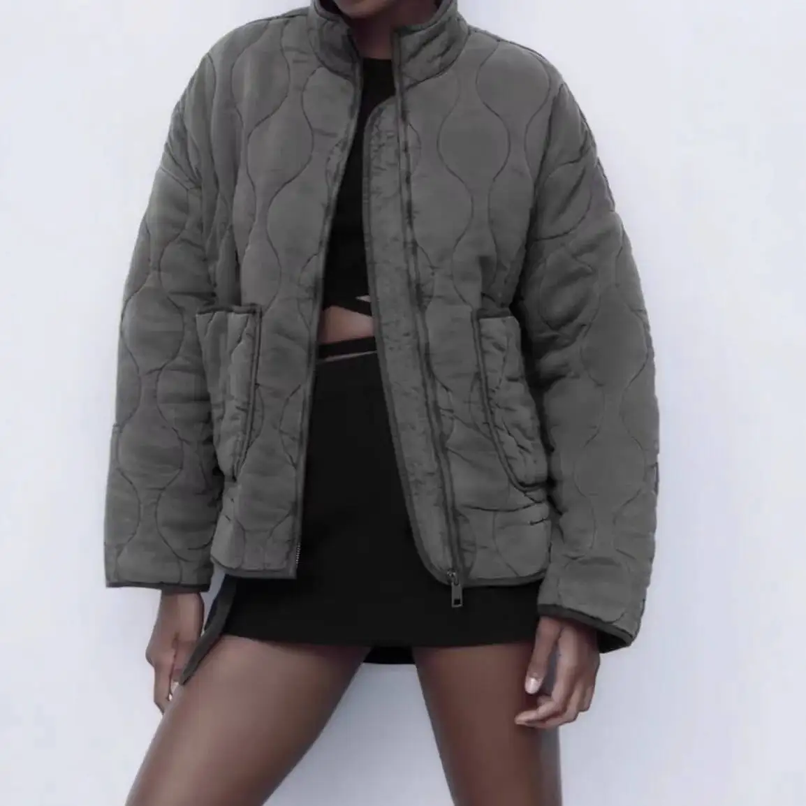 Washed Cotton Jacket Outerwear Casual Street Style Women's Cross-Border Autumn Winter Fashion Polyester Fiber Zipper Closure