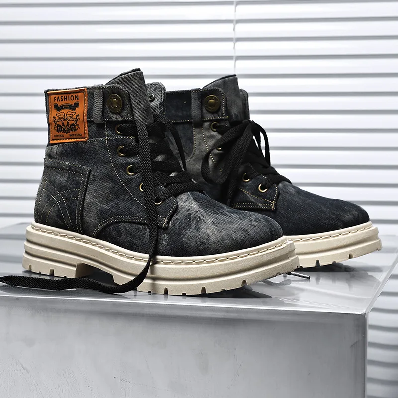 

Men's spring and autumn thick-soled denim work boots, retro Western casual short boots, breathable outdoor men's shoes