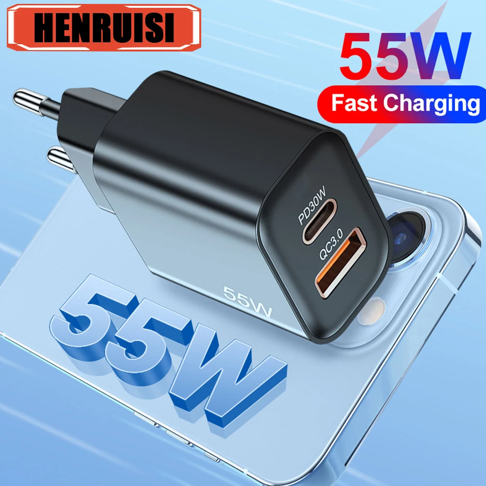 

55W USB PD Charger Fast Charge Type C Wall Charger Quick Charge 3.0 Phone Charger Adapter For iPhone 15 14 13 Pro Xiaomi Samsung