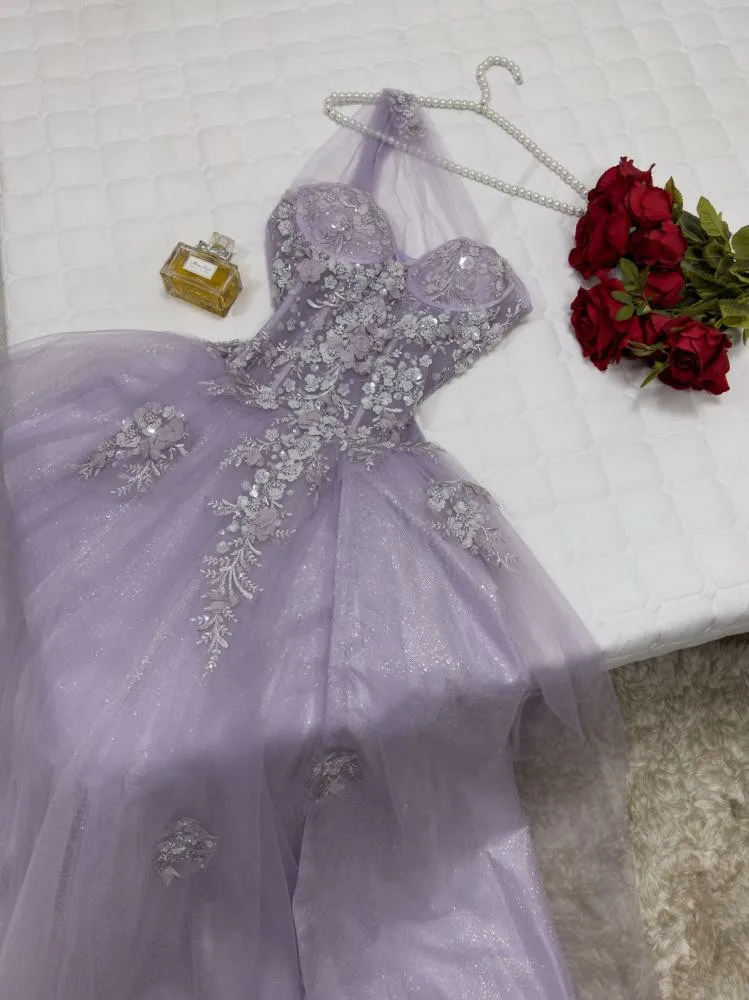 Msikoods Lavender Arabic Evening Dress Wedding Party Dress Glitter Tulle Flower Lace Slit Elegant Women Prom Dress Customizd