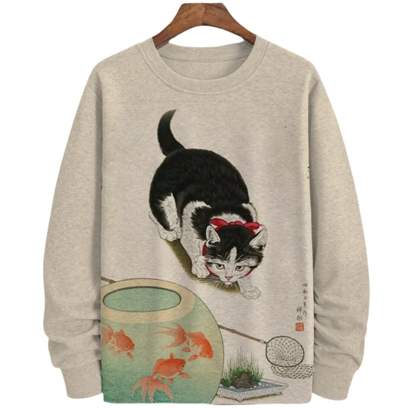 Japanese Style Cat Printed Sweatshirts & Hoodies For Men Autumn Winter Long Sleeve O Neck Hoody Harajuku Top Men Clothing 5XL