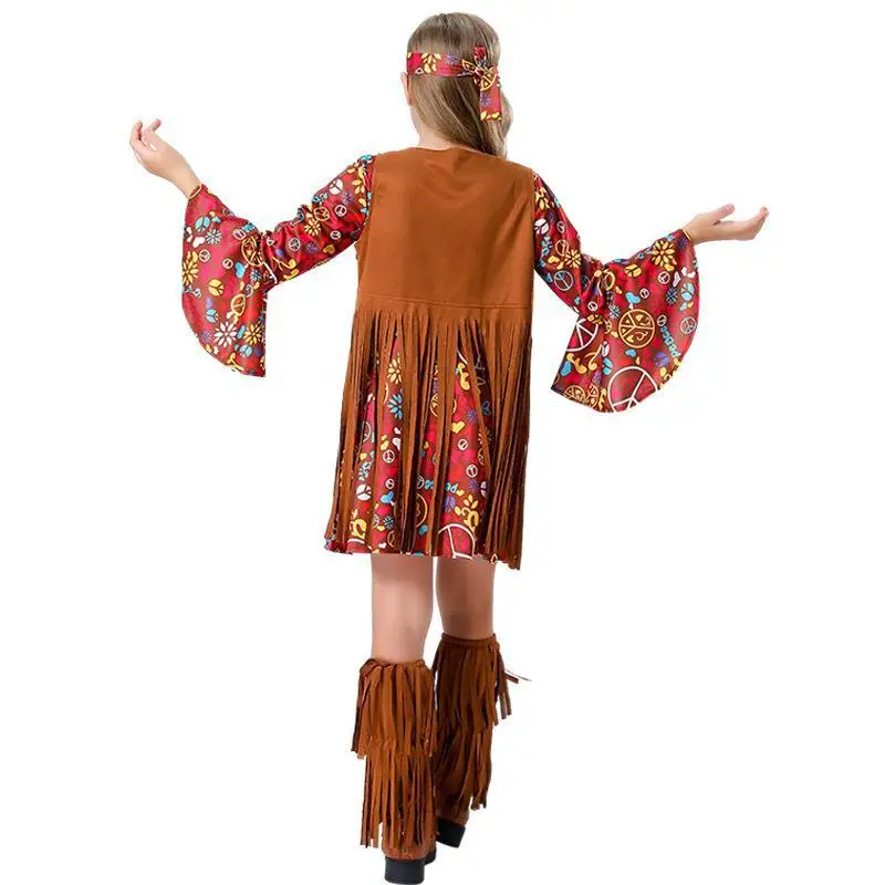 Halloween Exotische Disco Hippie Kinderen Ouder-Kind Outfit Set Podium Voorstelling Kostuum Bohemien Print Jurk Cosplay Clothe