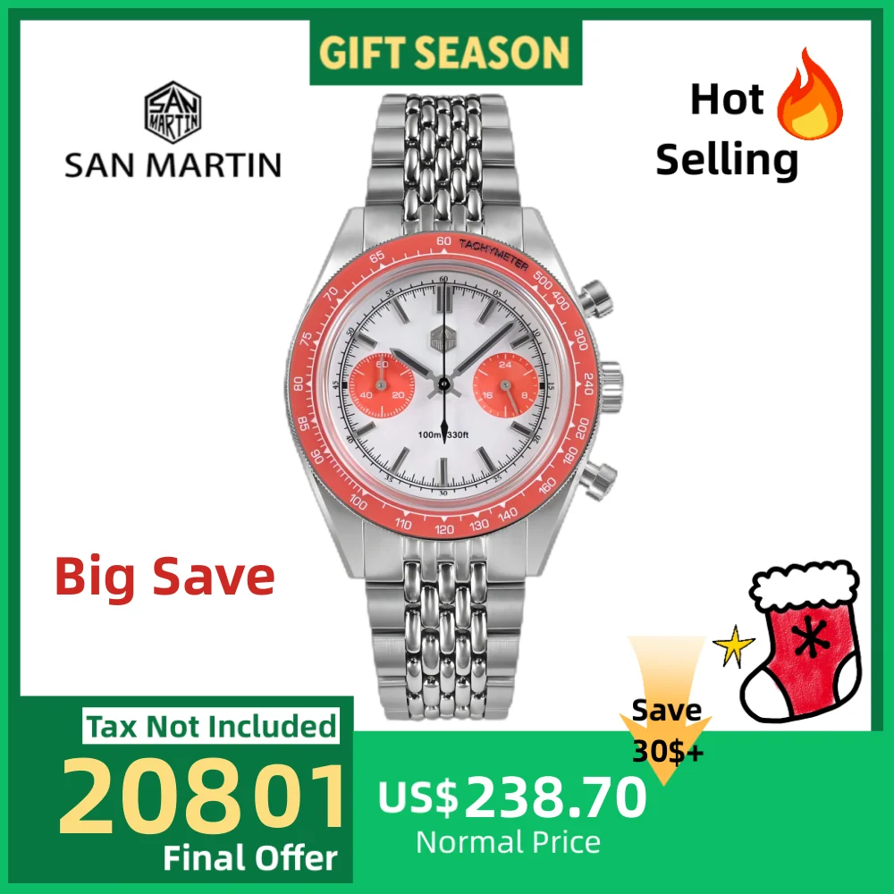 

San Martin Chronograph Watch Men's Quartz Wristwatch VK64 39.5mm Original Sport Sweep Second Sapphire Waterproof 10Bar SN0116JS