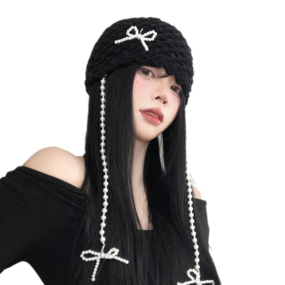 Removable Bow Pearl Chain Design Beanies Cap for Women Spring and Autumn Casual Versatile Fashion Hollow Knitted Hats