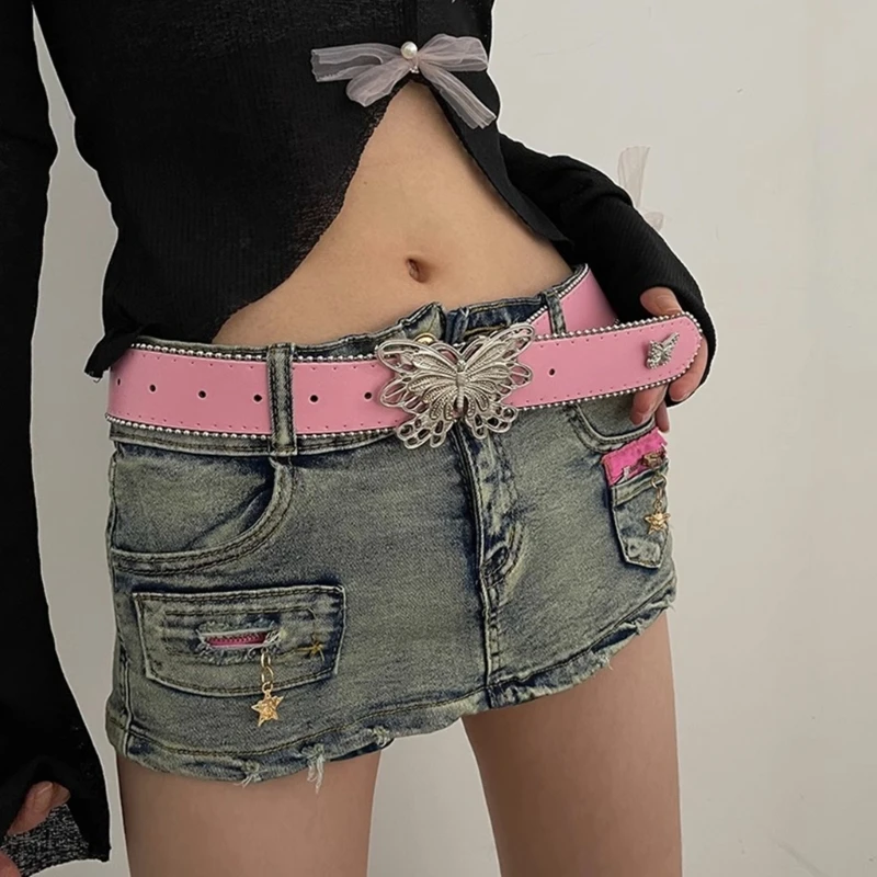 

Women PU Belt Butterfly Buckle Waist Belt Subculture Pin Buckle Waistband Punk Y2K Jeans Pants Belt Hot Girl Accessories