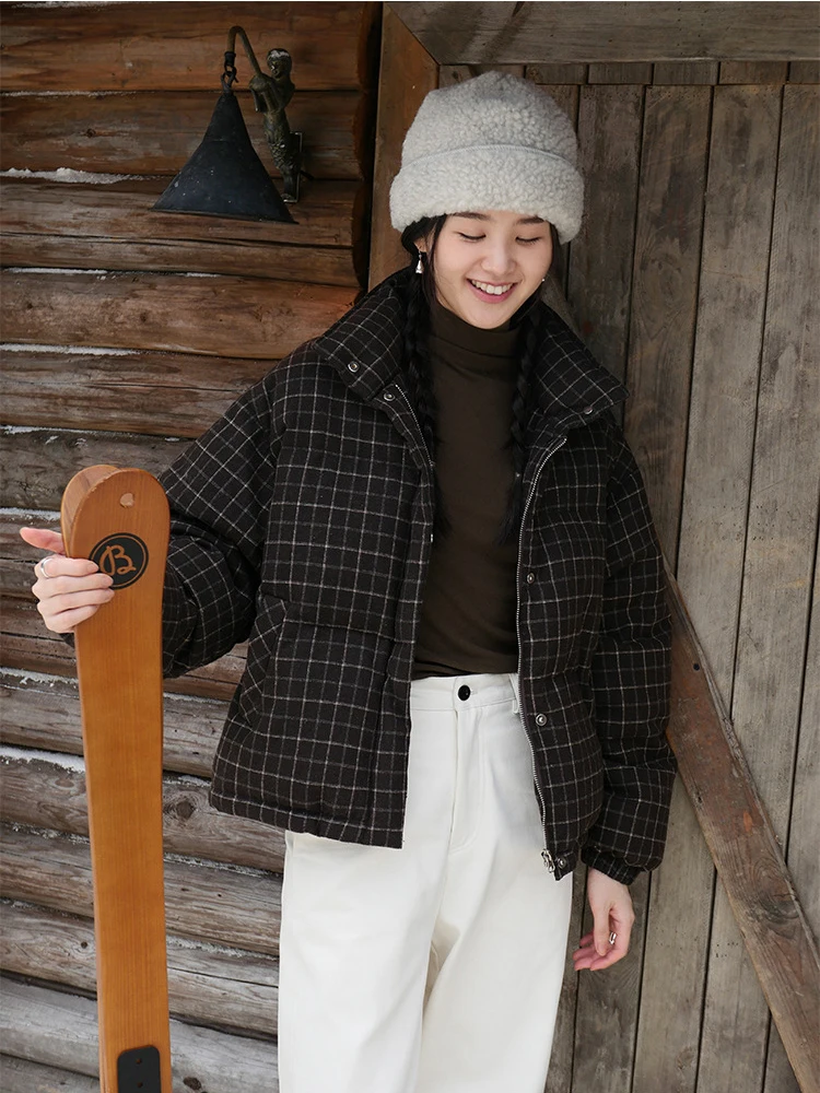 Winter women's casual solid color retro plaid warm bread down jacket