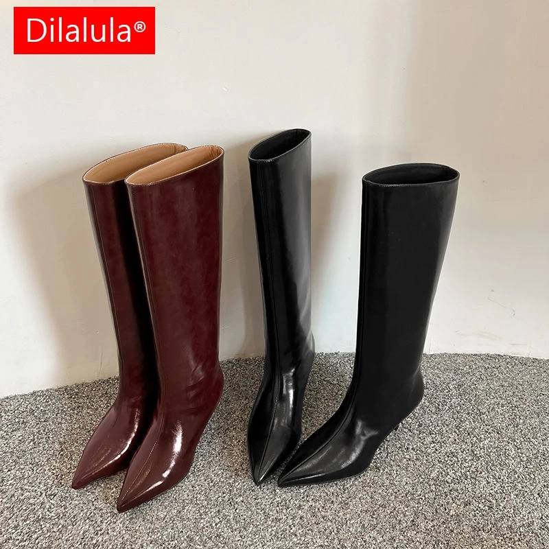 Dilalula Big Size Genuine Leather Knee High Boots Women Fashion Pointed Toe Slip On Thin High Heels Party Dating Long Boots 2025