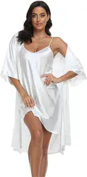 Pijama de cetim de seda feminino, sexy robe sedoso de Pj com chemise, camisola, 2 peças