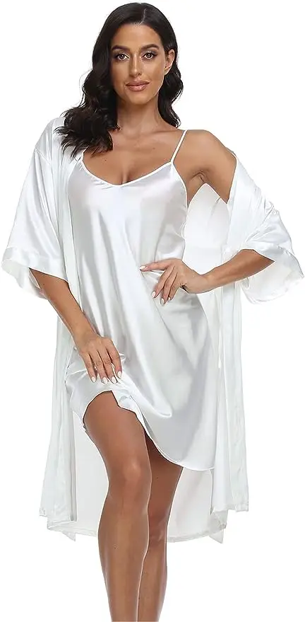 Women's Silk Satin Pajamas 2Pcs Sexy Silky Pj Robe Set with Chemise Nightgown