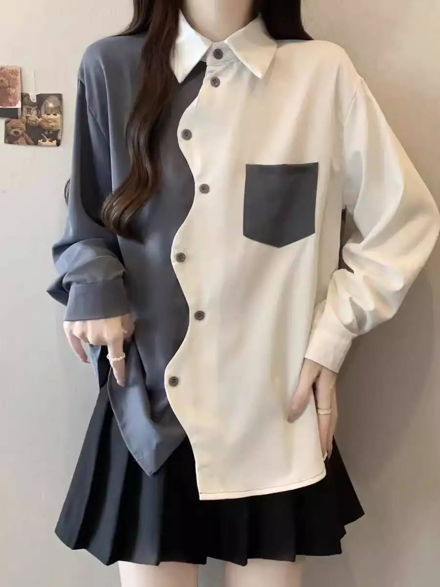 

Large Size Women's Autumn Shirt Fashionable Color Block Design Irregular Long Sleeve Loose Fit Versatile Single Button Top