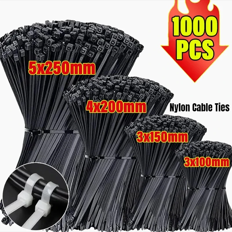 1000pcs Nylon Cable Ties Self-locking Cord Ties Straps Adjustable Cables Fastening Plastic Clamp Heat Resistant Wire Zip Tie
