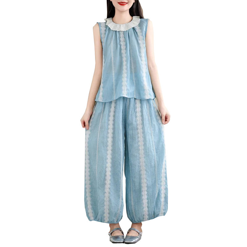 大きいサイズ レディースファッションセット 刺繍襟付き 若見えノースリーブベスト ランタンパンツ ツーピーススーツ 綿混