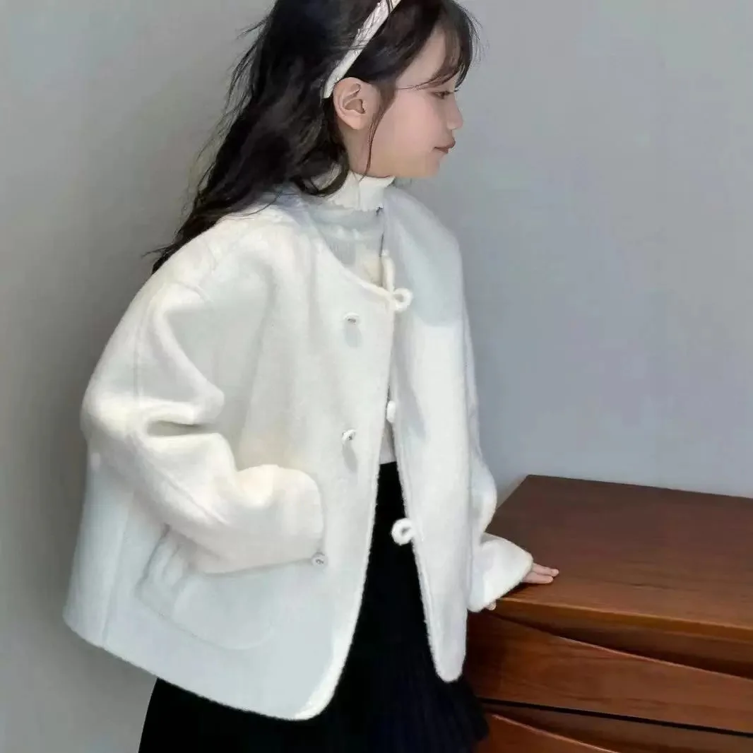 Girls White Wool Coat Children 2024 New Autumn Collection Fashion Simple Casual Coat Korean Simple Style Top Coat Clothes