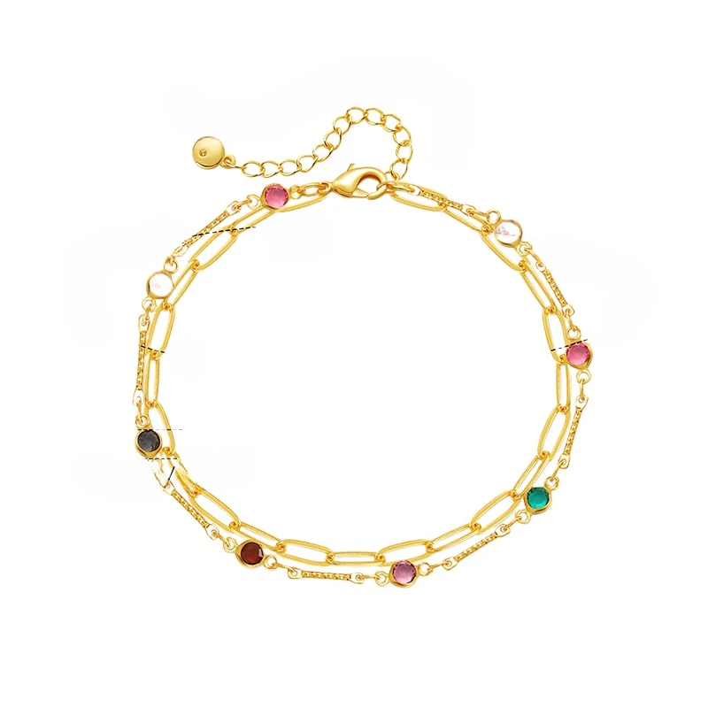

*Fashion Candy Colored Crystal Anklets for Women 18k Gold Plated Double U Shaped Link Chain Metal OL Lady European Jewelry