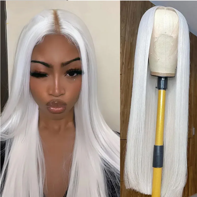 Perruque Lace Front Wig soyeuse sans colle pour femme, cheveux lisses et doux, couleur blanche, 26 pouces de long, densité 200%, pré-plumée