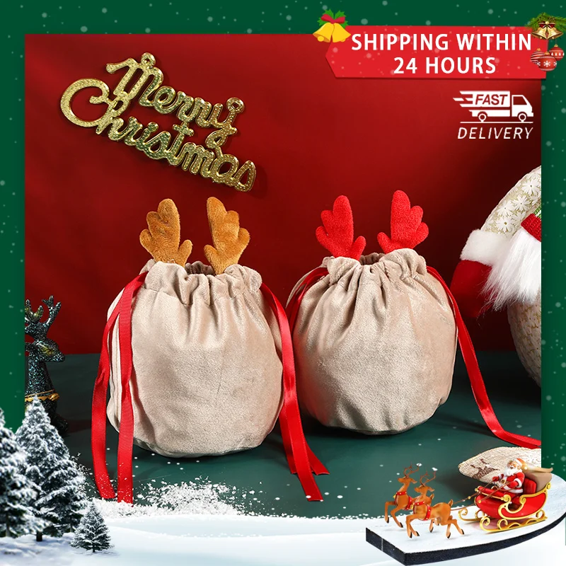 

Christmas Candy Bags Antlers Bags Velvet Draw String Bunny Gift Packing Bags Dropshipping Bags Party Decoration 2022 Navidad