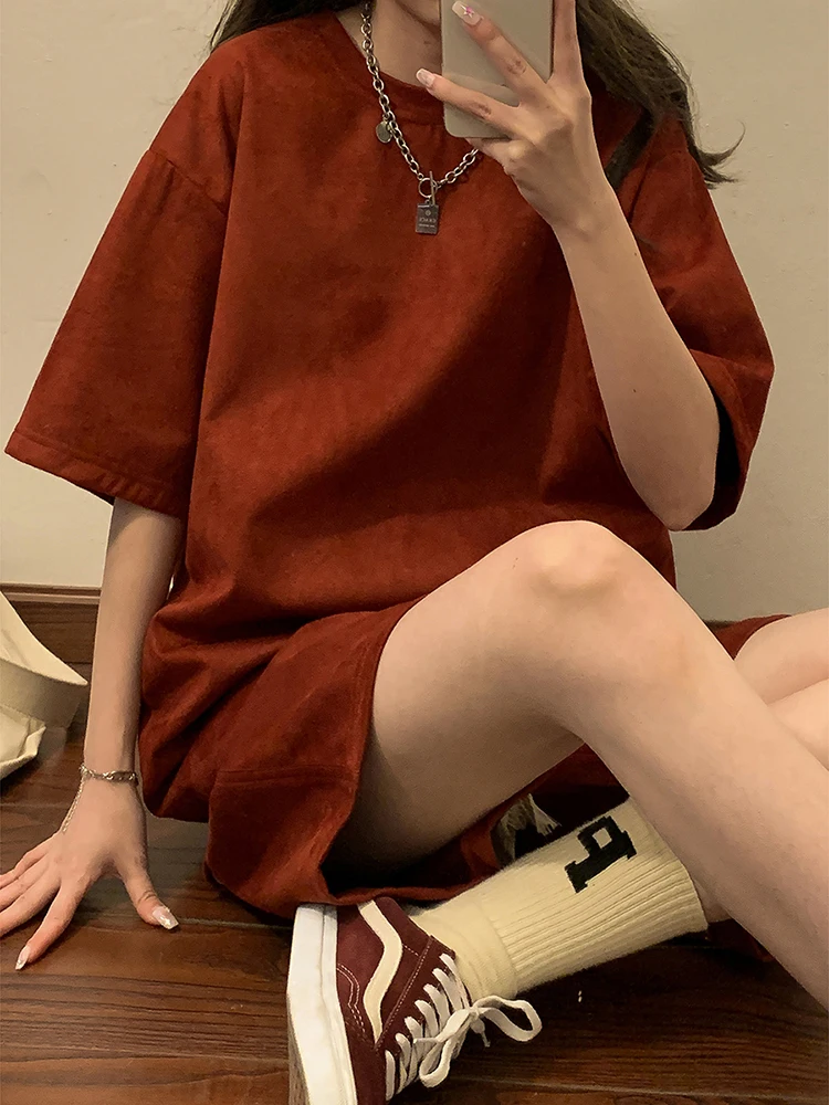 

Мужской замшевый комплект спортивной одежды ort Sve, красная футболка и orts, повседневная летняя одежда, одинаковые комплекты для пар из хлопчатобумажной ткани, молодежный размер