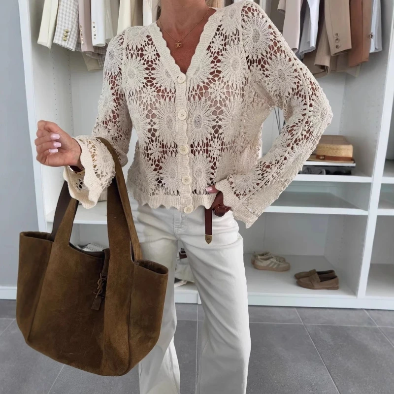 

Spring and Summer 2025 Hollow Knitted Long-sleeved V-neck Loose Women's Casual Cardigan