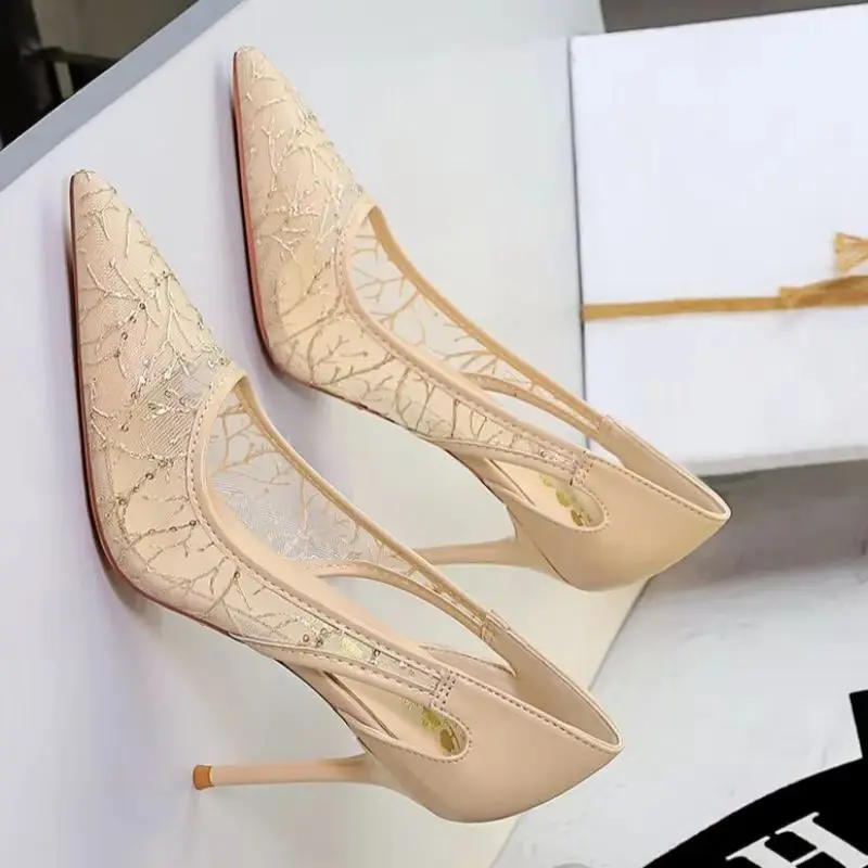 BIGTREE New Design Hollow Out Glitter Mesh Embroidery Women Pumps Sexy Wedding Thin High Heels Pointed Toe Shoes