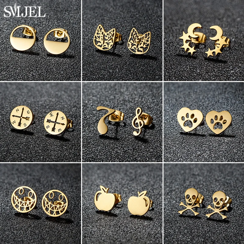 Unique Hallowmas Stainless Steel Earrings Women Geometric Compass Apple Pencil Skull Ear Studs Fashion Piercing Girls Gift