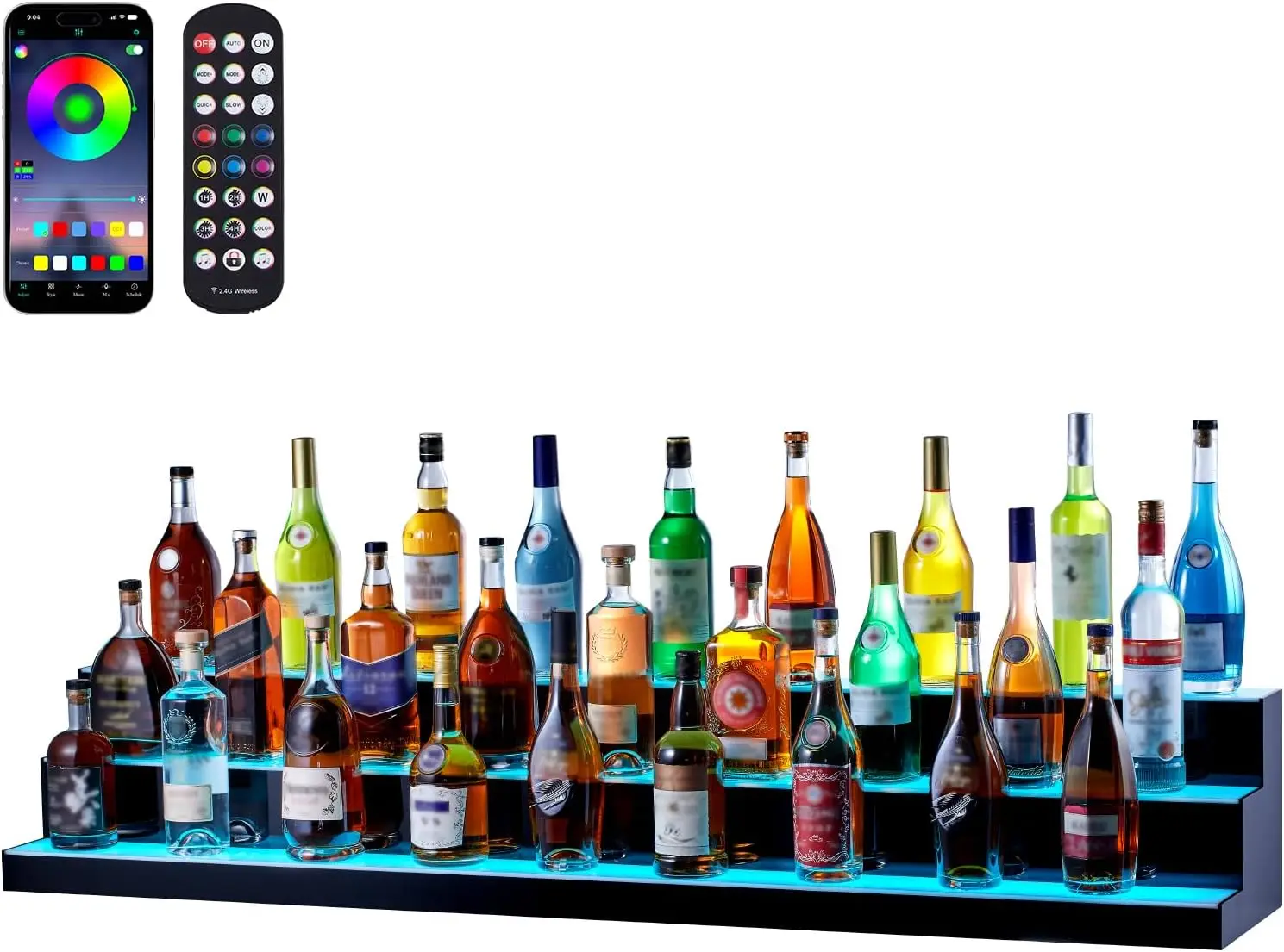 Lighted Liquor Bottle Display, 3 Tiers 60 Inches, Supports USB, Illuminated Home Bar Shelf with RF Remote & App Contro