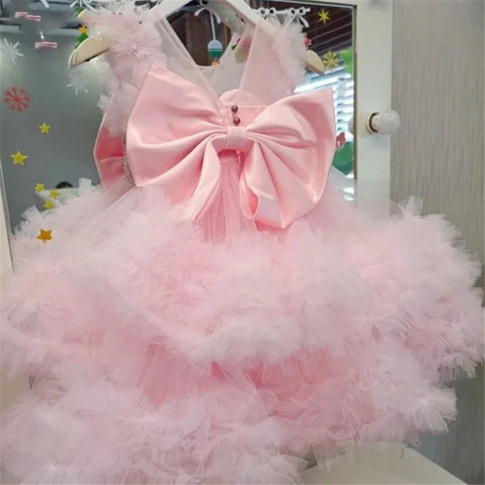 Lovely Flower Girls Dress Pink Tulle Puffy Pearls Pleat With Bow Sleeveless For Wedding Kids Birthday Party First Communin Gowns