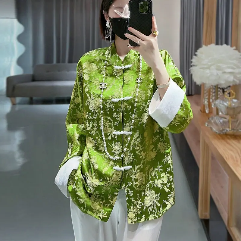 High-Quality New Chinese Style Single Breasted Silk Jacquard Jacket Women's Spring Raglan Sleeve Elegant Lady Top S-XL