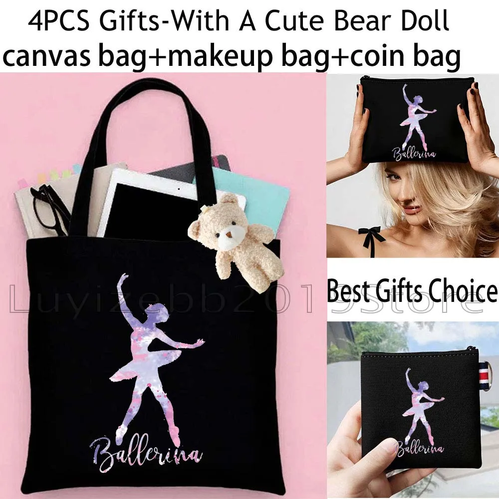 4PCS Gifts Ballerina Girl Ballet Dancer Gymnastics Canvas Tote Bag Handbag,Cosmetic Makeup Bag,Coin Purse Wallet Zipper Pouch