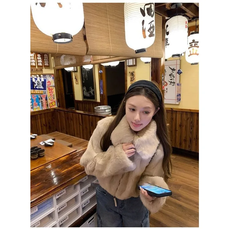 Casaco de pele de coelho rex de imitação quente e vestível com gola alta de pele ecológica para mulheres curto engrossado