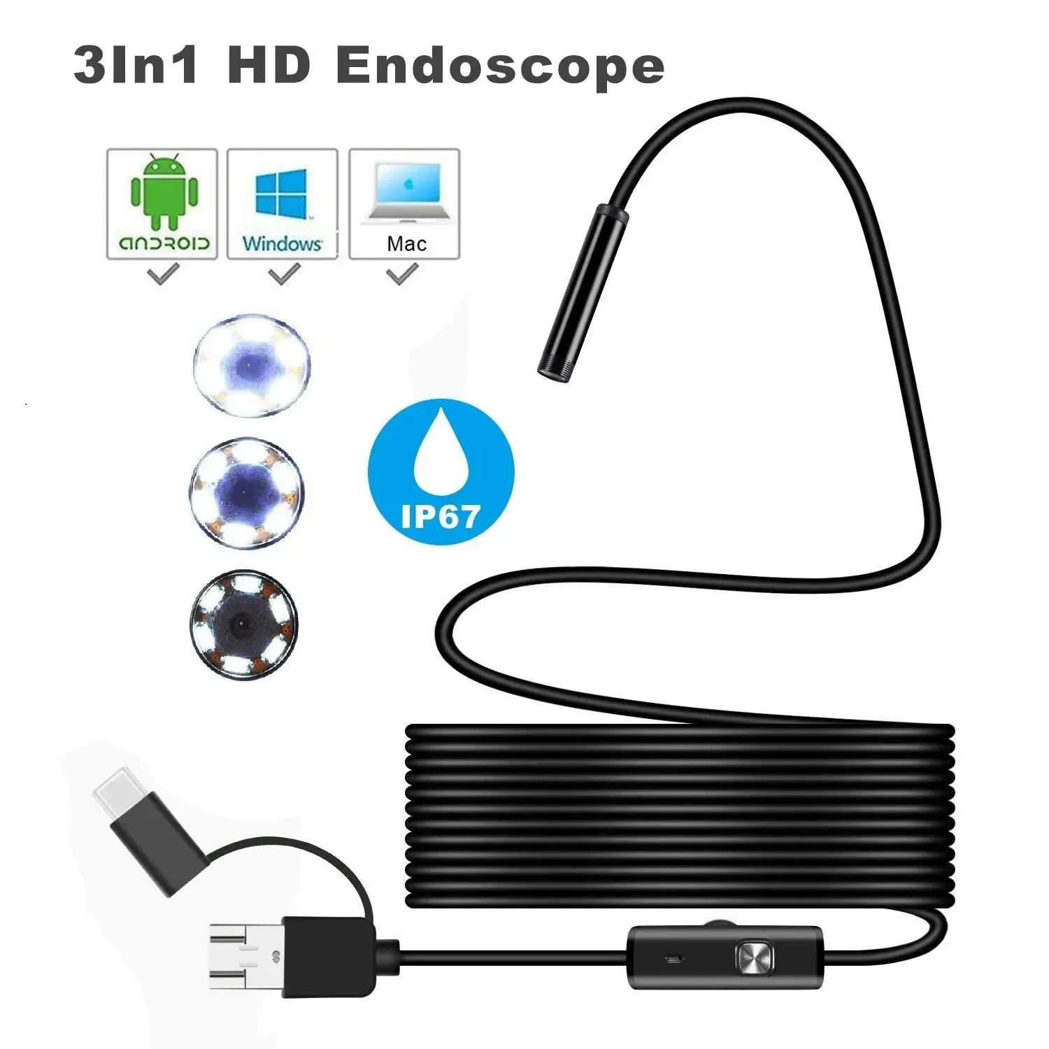 5.5 7MM Android Endoscope 3 In 1 USB/Micro USB/Type-C Borescope Inspection Camera Waterproof for Smartphone