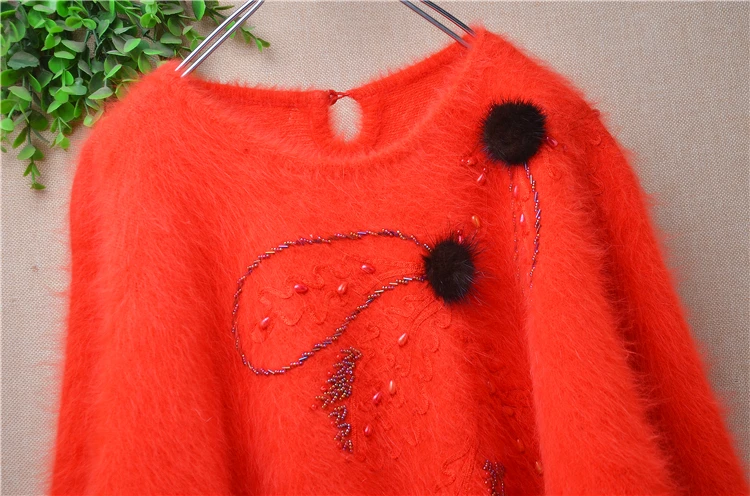 Women Mujer Autumn Winter Christmas Red Vintage Beading Hairy Angora Rabbit Hair Knitted O-Neck Long Batwing Sleeves Sweater Top