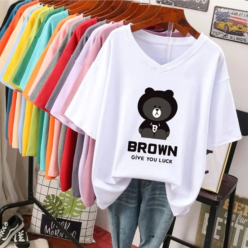 Women's Clothing Loose Cotton T-shirt Summer New Watermelon Short Sleeve Casual Tees Lady Basic Versatile V-neck Large Size Tops