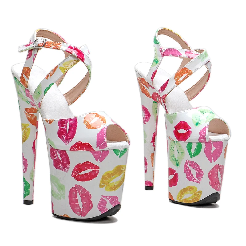 Leecabe 8Inch/20cm PU Upper sexy Brilliant red lips print Platform Sandals  party High Heels Shoes Pole Dancing Shoes