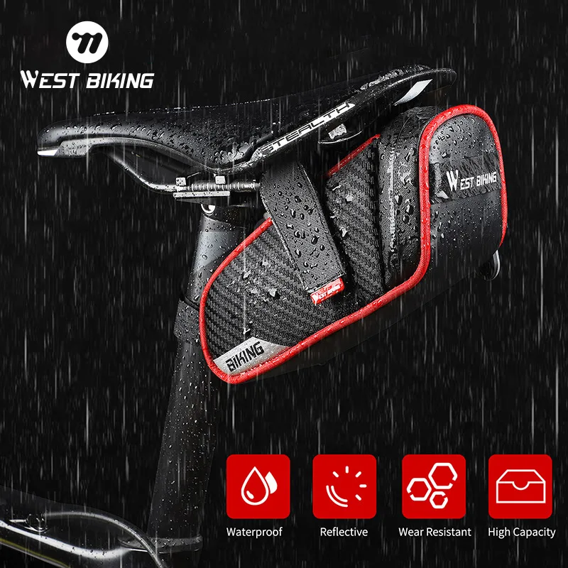 WEST BIKING 1L/1.8L Bicycle Saddle Bag Waterproof MTB Road Bike Seat Bag Refletive Cycling Seat Tail Rear Bag Cycling Accessory