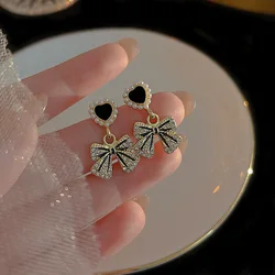 Elegant Fashion Crystal Pearl Sweet Heart Bow Earrings for Women Temperament Wedding Party Drop Earring Anniversary Gift Jewelry