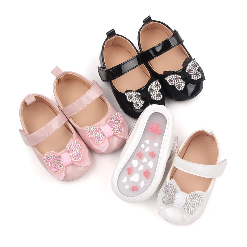 Baby Girl Shiny Bowknot Walking Shoes Rubber Sole Non-Slip Toddler Velcro Mary Jane Shoes